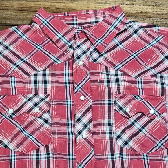 Wrangler Full Pearl Snap SS Western Shirt Burgundy Plaid - Size 2XL - Picture 2 of 4